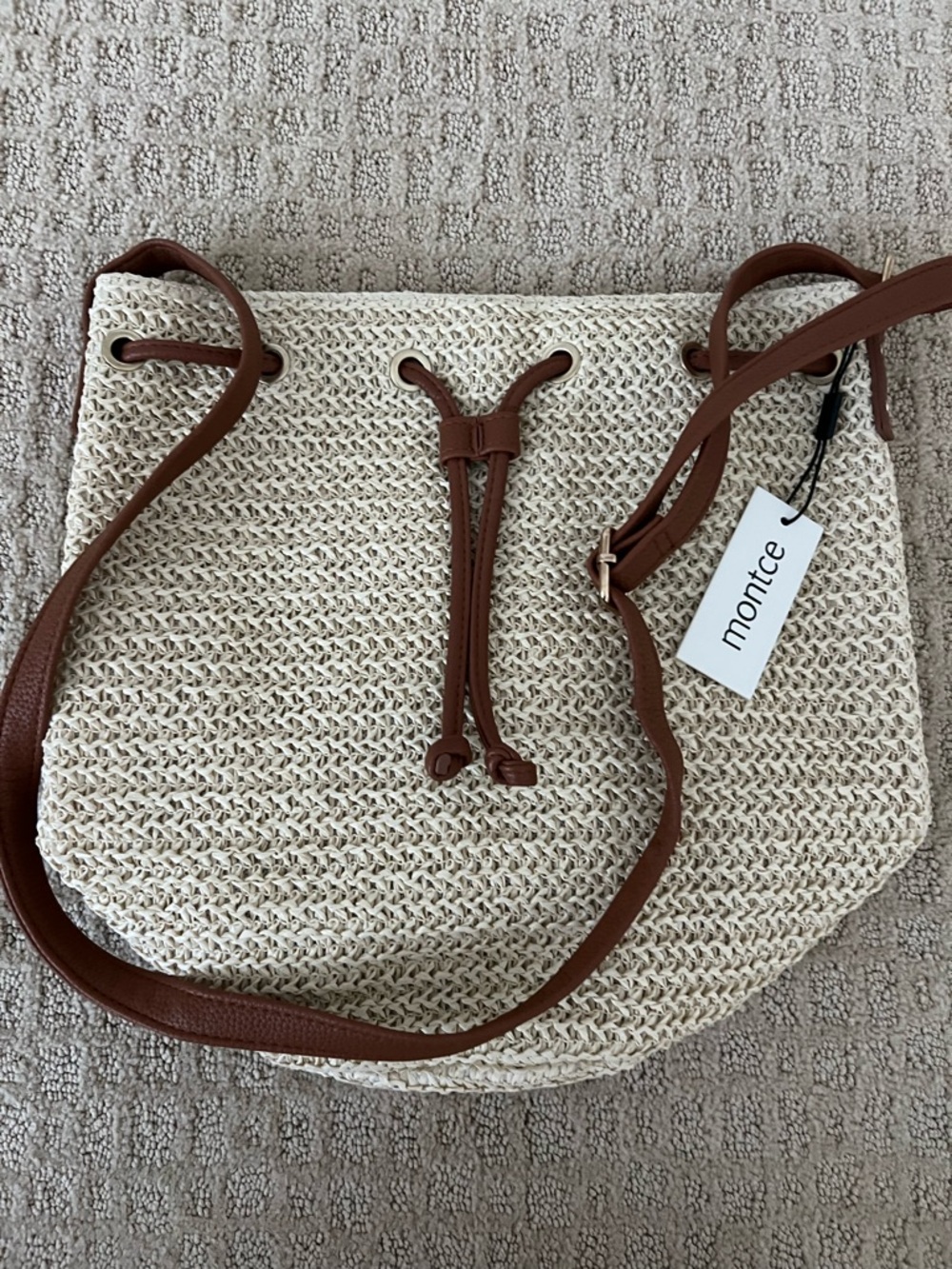 NEW Montce Cream Woven Shoulder Bag with Brown Trim